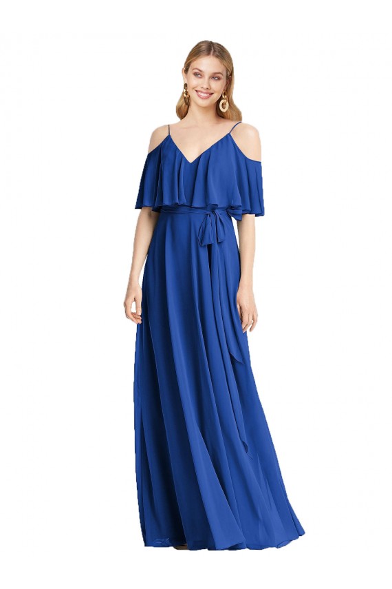 V-Neck Long Chiffon Royal Blue Cold Shoulder Bridesmaid Dress Victoria