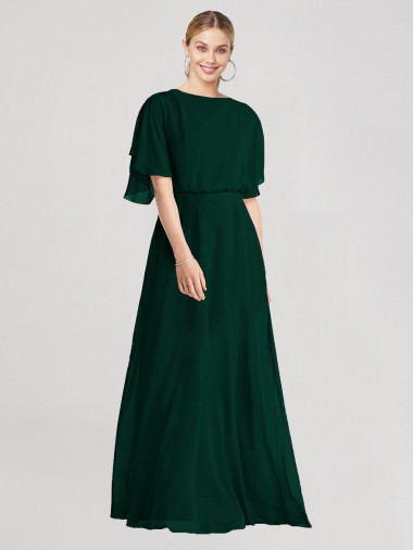 Round Neck Long Soft Chiffon Ever Green Flutter Sleeves Bridesmaid Dress Victoria