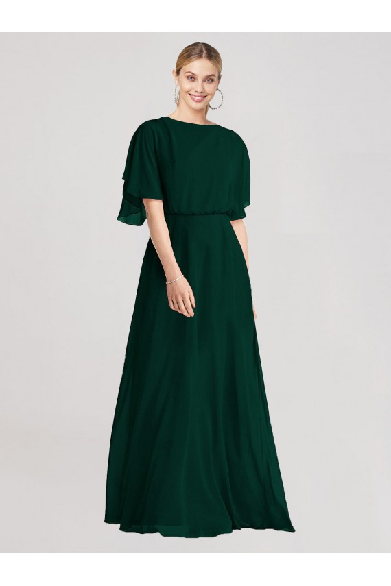 Round Neck Long Soft Chiffon Ever Green Flutter Sleeves Bridesmaid Dress Victoria