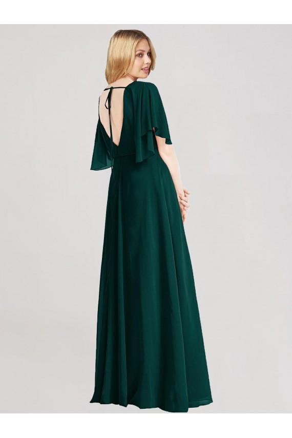 Round Neck Long Soft Chiffon Ever Green Flutter Sleeves Bridesmaid Dress Victoria