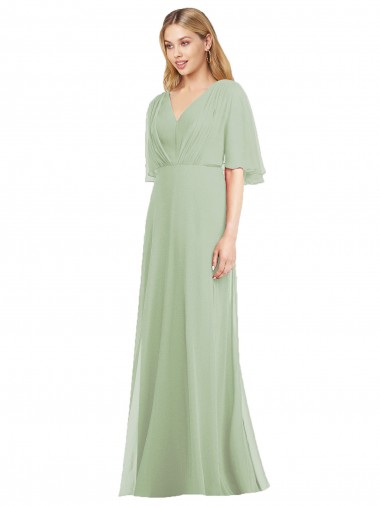 V-Neck Long Soft Chiffon Smoke Green Flutter Sleeves Bridesmaid Dress Victoria
