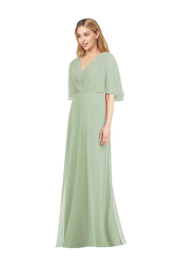 V-Neck Long Soft Chiffon Smoke Green Flutter Sleeves Bridesmaid Dress Victoria