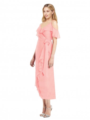 V-Neck Cocktail Length Soft Chiffon Salmon Cold Shoulder High Low Bridesmaid Dress Victoria