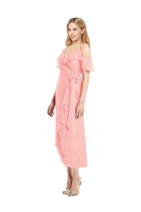 V-Neck Cocktail Length Soft Chiffon Salmon Cold Shoulder High Low Bridesmaid Dress Victoria