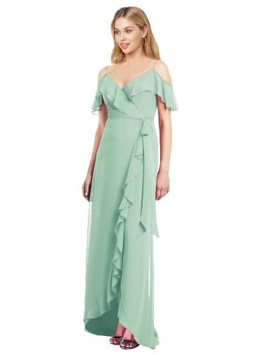 V-Neck Long Soft Chiffon Mint Green Cold Shoulder High Low Bridesmaid Dress Victoria