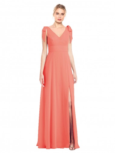V-Neck Long Soft Chiffon Coral Sleeveless Bridesmaid Dress Victoria