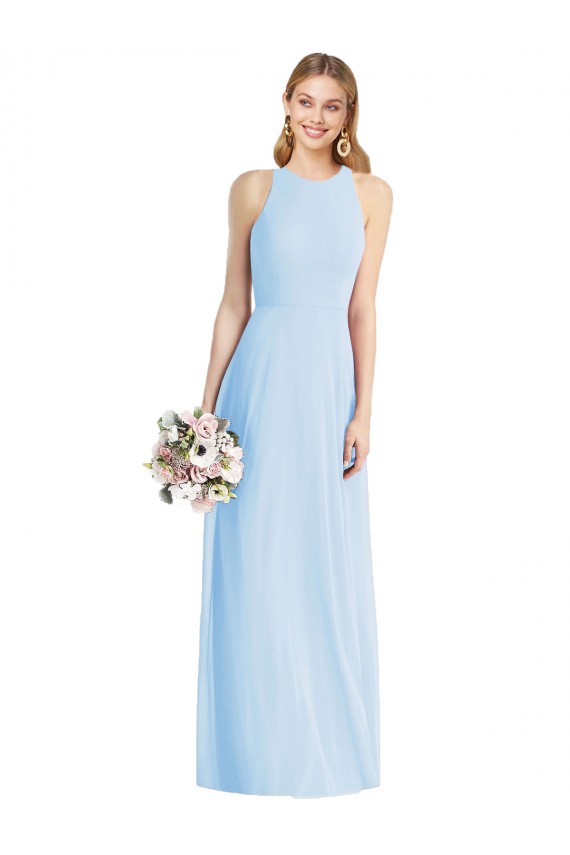 Halter Neck Long Soft Chiffon Light Sky Blue Sleeveless Semi Formal Evening Dress / Bridesmaid Dress Victoria