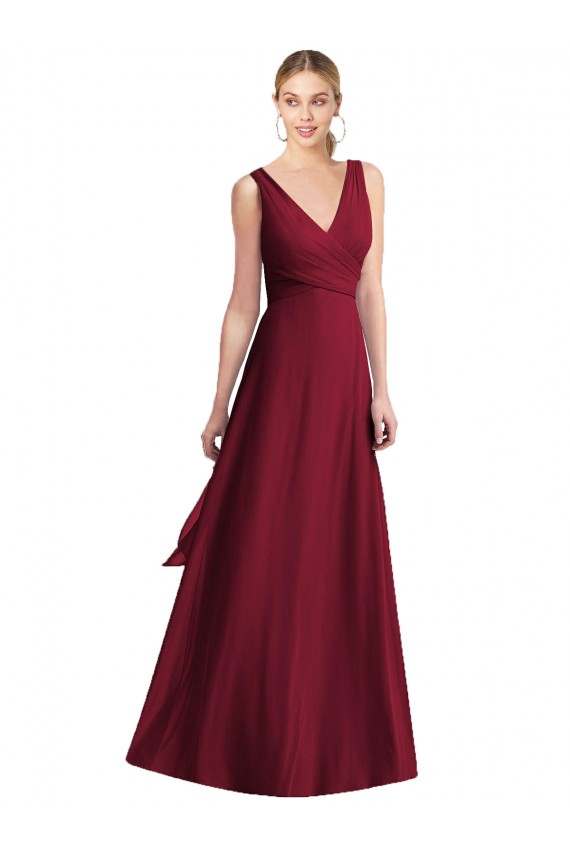 V-Neck Long Floor Length Chiffon Burgundy Sleeveless Bridesmaid Dress Victoria