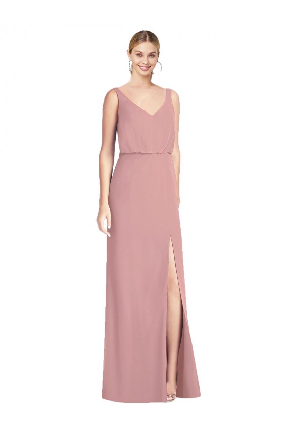 V-Neck Long Soft Chiffon Dusty Pink Sleeveless Bridesmaid Dress Victoria