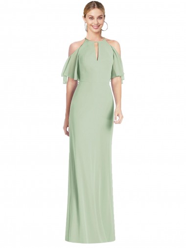 Halter Neck Long Soft Chiffon Sage Cold Shoulder Semi Formal Evening Dress / Bridesmaid Dress Victoria