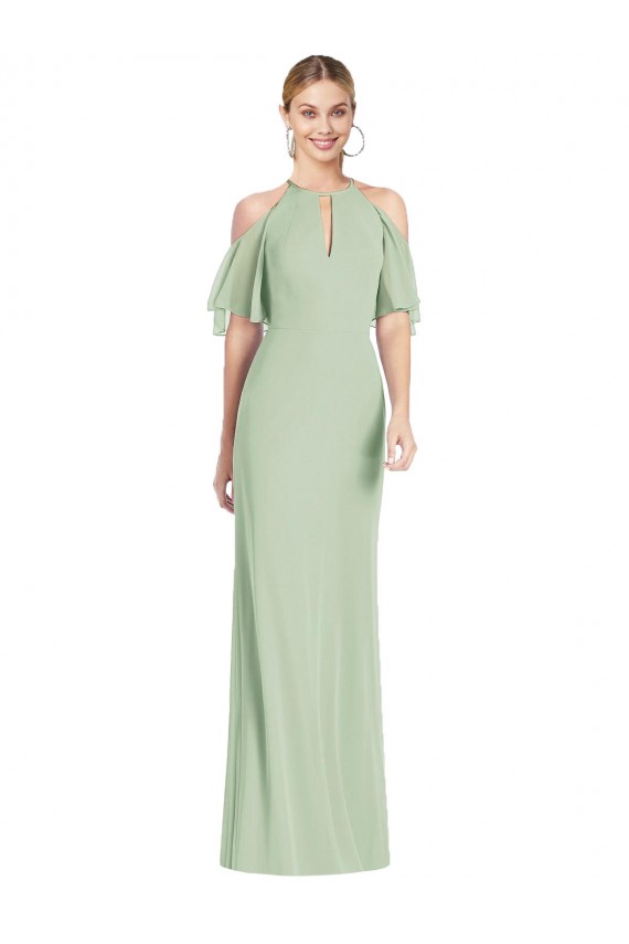 Halter Neck Long Soft Chiffon Sage Cold Shoulder Semi Formal Evening Dress / Bridesmaid Dress Victoria
