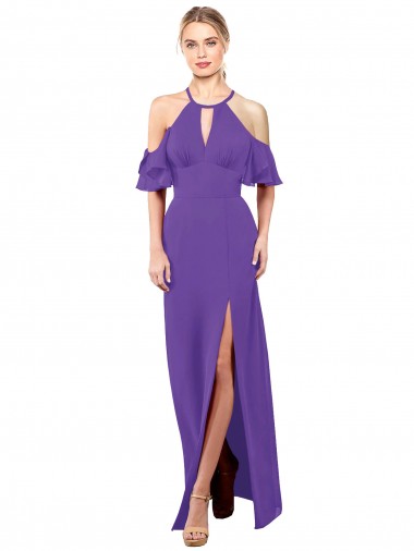 Halter Neck Long Soft Chiffon Purple Ruffle Sleeves Bridesmaid Dress Victoria