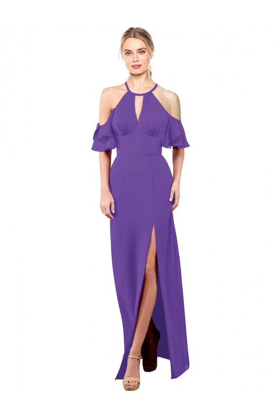 Halter Neck Long Soft Chiffon Purple Ruffle Sleeves Bridesmaid Dress Victoria