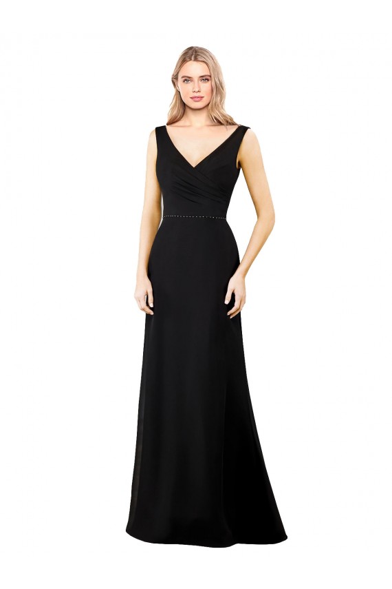 V-Neck Long Soft Chiffon Black Sleeveless Prom Dress / Bridesmaid Dress Victoria