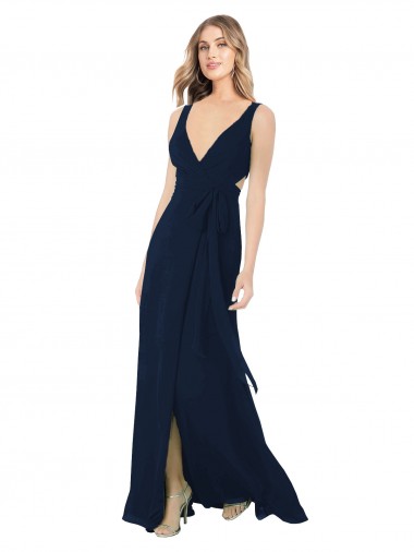 V-Neck Long Chiffon Dark Navy Sleeveless Bridesmaid Dress / Evening Dress Victoria