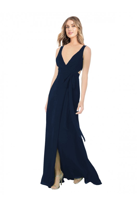 V-Neck Long Chiffon Dark Navy Sleeveless Bridesmaid Dress / Evening Dress Victoria