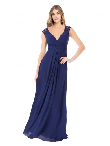 V-Neck Long Soft Chiffon Sapphire Cap Sleeves Bridesmaid Dress Victoria