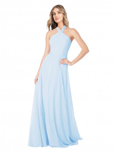 High Neck Long Chiffon Light Sky Blue Sleeveless Bridesmaid Dress / Evening Gowns Victoria