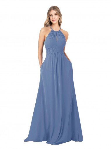 High Neck Long Soft Chiffon Windsor Blue Sleeveless Bridesmaid Dress Victoria