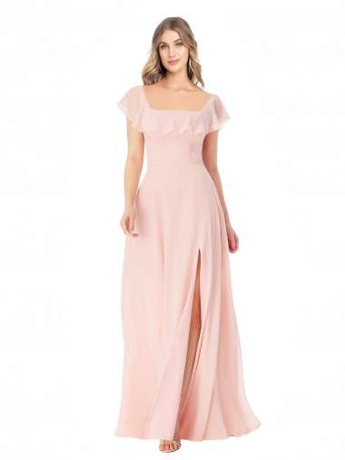 Square Neck Long Soft Chiffon Pink Cap Sleeves Formal Dress / Bridesmaid Dress Victoria