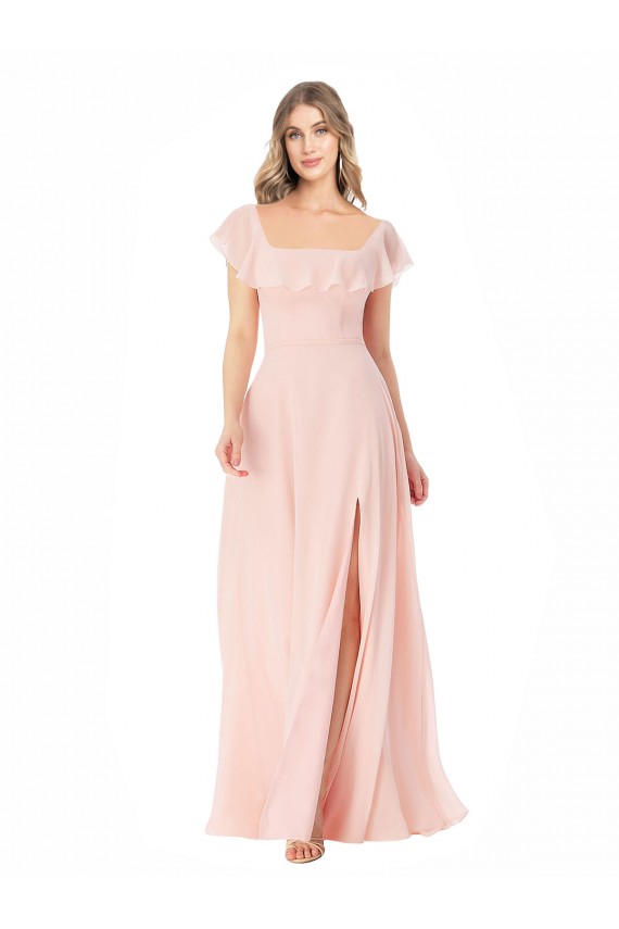 Square Neck Long Soft Chiffon Pink Cap Sleeves Formal Dress / Bridesmaid Dress Victoria