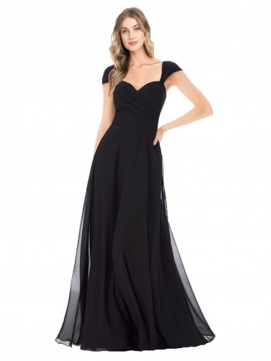 Sweetheart Long Soft Chiffon Black Cap Sleeves Bridesmaid Dress Victoria