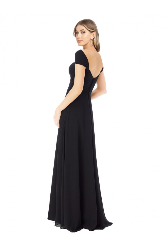 Sweetheart Long Soft Chiffon Black Cap Sleeves Bridesmaid Dress Victoria