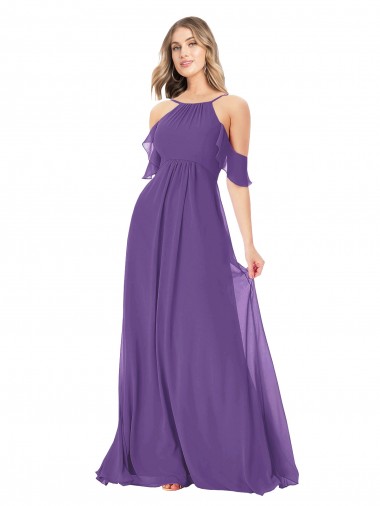High Neck Long Soft Chiffon Plum Purple Cold Shoulder Bridesmaid Dress Victoria
