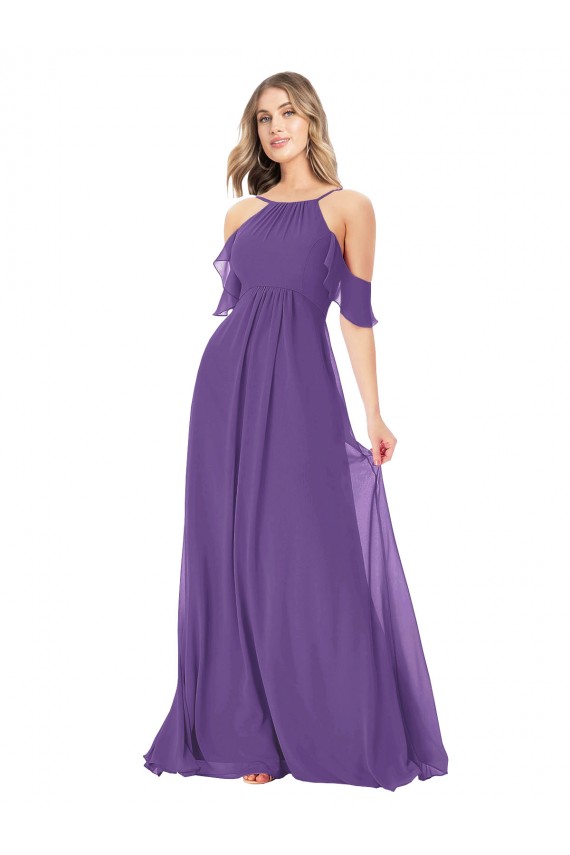 High Neck Long Soft Chiffon Plum Purple Cold Shoulder Bridesmaid Dress Victoria