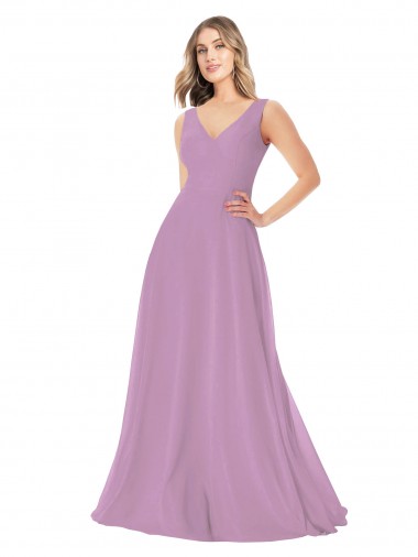V-Neck Long Soft Chiffon Dark Lavender Sleeveless Bridal Party Dress Victoria