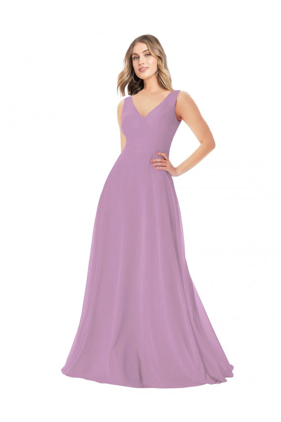 V-Neck Long Soft Chiffon Dark Lavender Sleeveless Bridal Party Dress Victoria