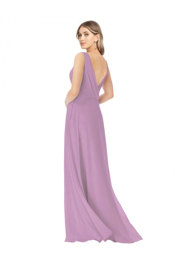 V-Neck Long Soft Chiffon Dark Lavender Sleeveless Bridal Party Dress Victoria