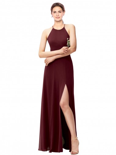 High Neck Long Soft Chiffon Burgundy Gold Sleeveless Bridesmaid Dress Victoria