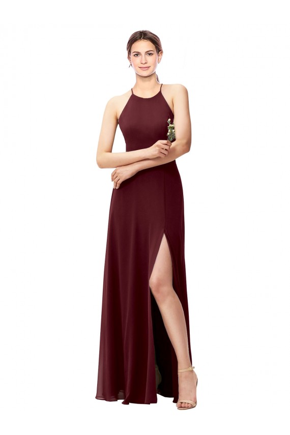 High Neck Long Soft Chiffon Burgundy Gold Sleeveless Bridesmaid Dress Victoria
