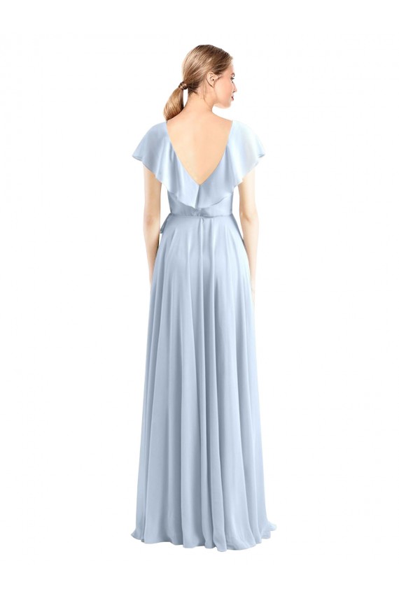 V-Neck Long Soft Chiffon Royal Blue Flutter Sleeves Bridesmaid Dress Victoria