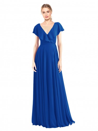 V-Neck Long Soft Chiffon Royal Blue Flutter Sleeves Bridesmaid Dress Victoria