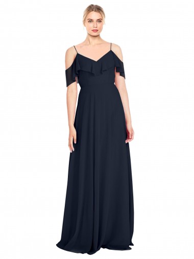 V-Neck Long Lxue Chiffon Dark Navy Sleeveless Bridesmaid Dress Victoria