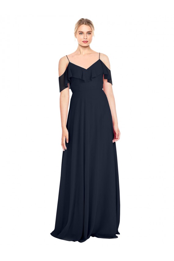 V-Neck Long Lxue Chiffon Dark Navy Sleeveless Bridesmaid Dress Victoria