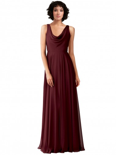 Cowl Neck Long Soft Chiffon Burgundy Gold Sleeveless Bridesmaid Dress Victoria