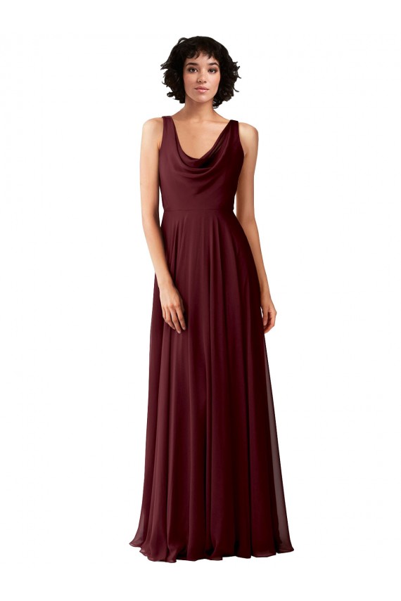 Cowl Neck Long Soft Chiffon Burgundy Gold Sleeveless Bridesmaid Dress Victoria