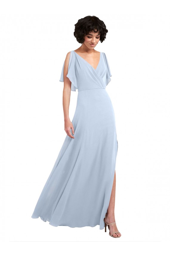 V-Neck Long Soft Chiffon Light Sky Blue Split Sleeves Bridesmaid Dresses Victoria