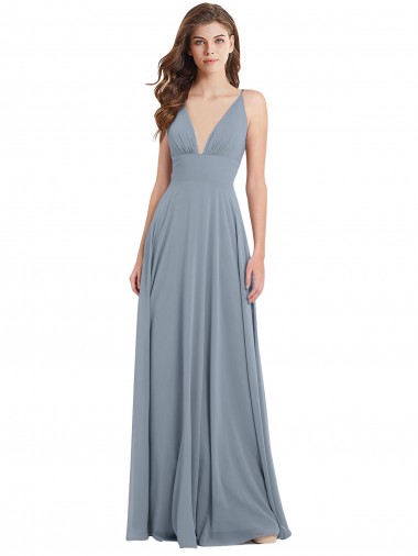 V-Neck Long Chiffon Dusty Blue Sleeveless Bridesmaid Dress / Evening Gowns Victoria