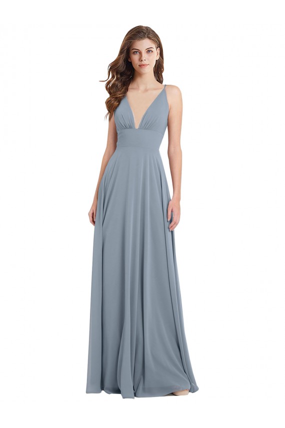 V-Neck Long Chiffon Dusty Blue Sleeveless Bridesmaid Dress / Evening Gowns Victoria
