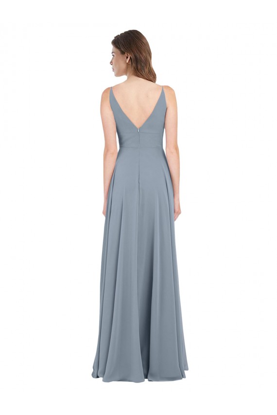 V-Neck Long Chiffon Dusty Blue Sleeveless Bridesmaid Dress / Evening Gowns Victoria
