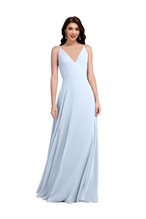 V-Neck Long Soft Chiffon Light Sky Blue Sleeveless Evening Dress / Bridesmaid Dress Victoria