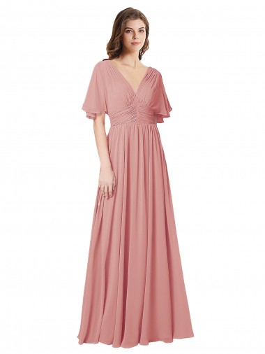 V-Neck Long Soft Chiffon Bliss Pink Flutter Sleeves Bridesmaid Dress Victoria