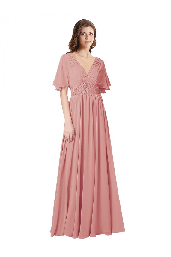 V-Neck Long Soft Chiffon Bliss Pink Flutter Sleeves Bridesmaid Dress Victoria