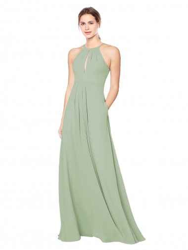 Halter Neck Long Soft Chiffon Smoke Green Sleeveless Bridesmaid Dress Victoria