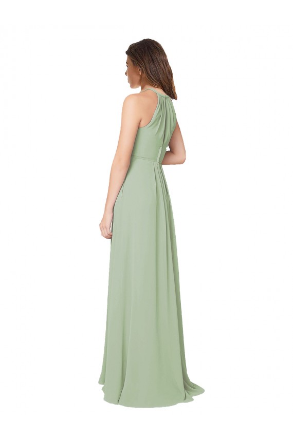 Halter Neck Long Soft Chiffon Smoke Green Sleeveless Bridesmaid Dress Victoria