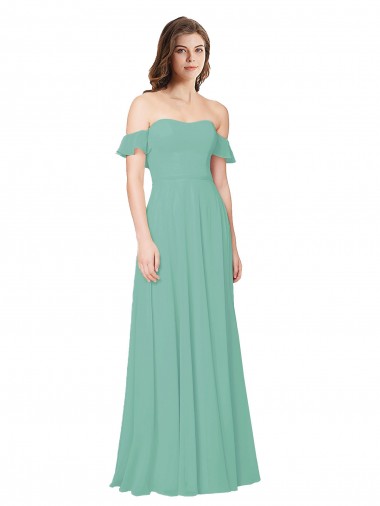 Off the Shoulder Long Soft Chiffon Jade Flounce Sleeves Bridesmaid Dress Victoria